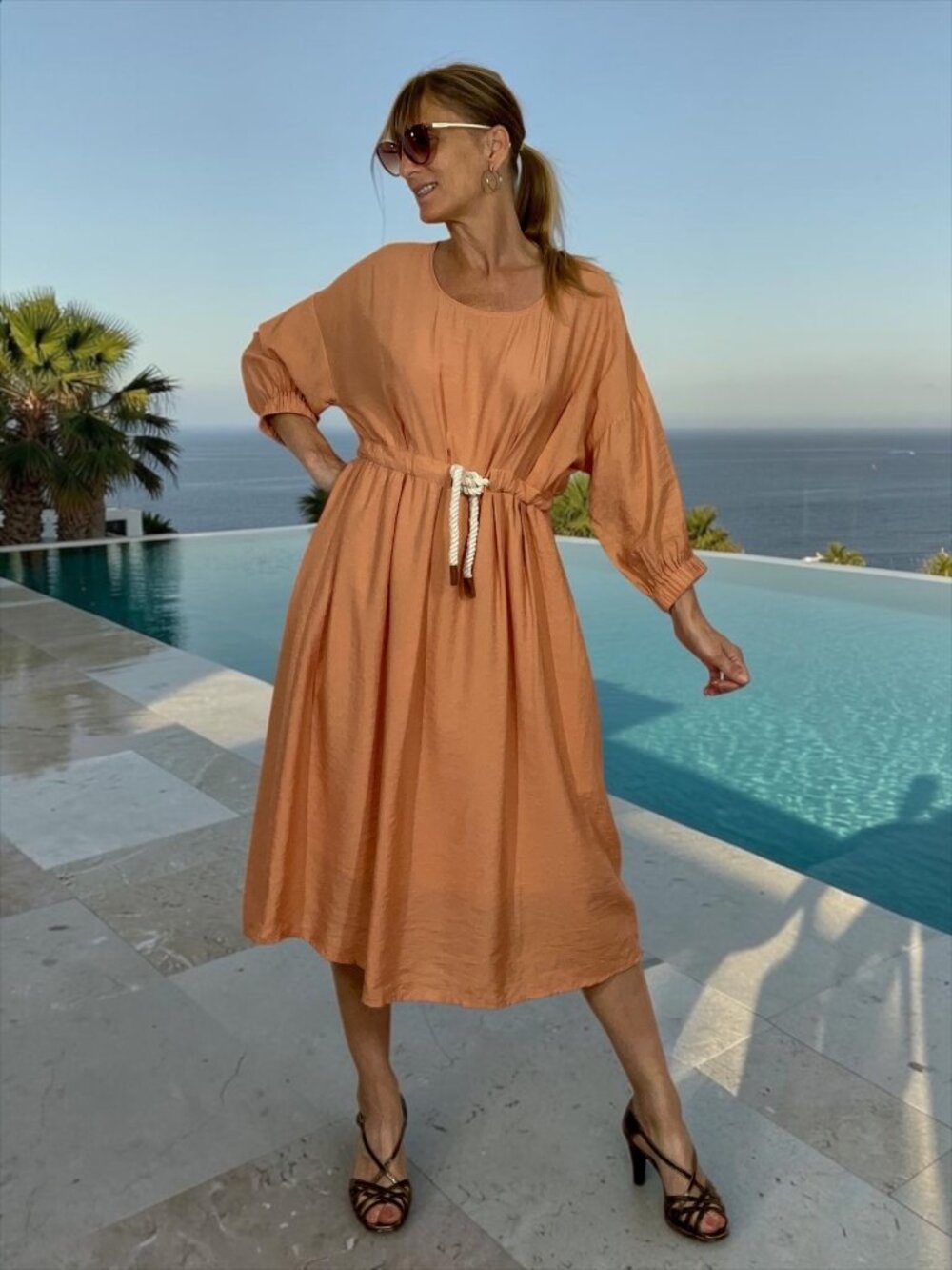 Molly Bracken Lili Sidonio Tie Waist Midi Dress M Orange Lagenlook